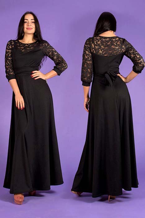 Длинное черное платье с гипюром